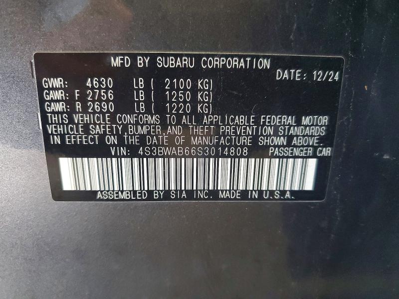 2025 Subaru Legacy მანქანა იყიდება აუქციონზე, vin: 4S3BWAB66S3014808, აუქციონის ნომერი: 61530726
