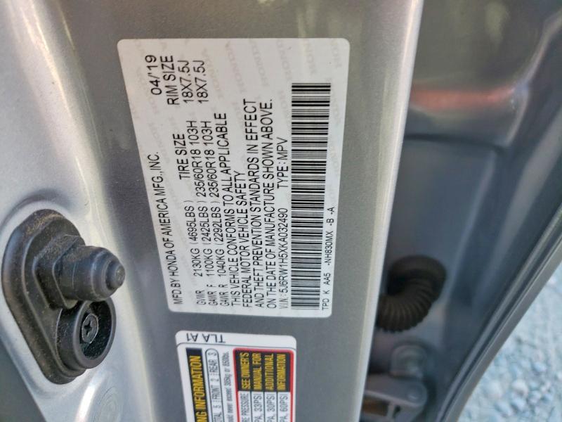 61212476 :رقم المزاد ، 5J6RW1H5XKA032490 vin ، 2019 Honda Cr-v مزاد بيع