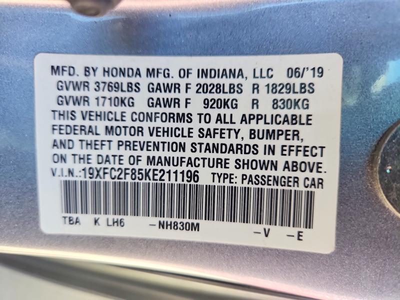 Aukcja sprzedaży 2019 Honda Civic, vin: 19XFC2F85KE211196, numer aukcji: 59985106