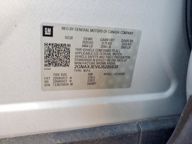 Aukcja sprzedaży 2018 Chevrolet Equinox, vin: 2GNAXJEV6J6285930, numer aukcji: 59093946
