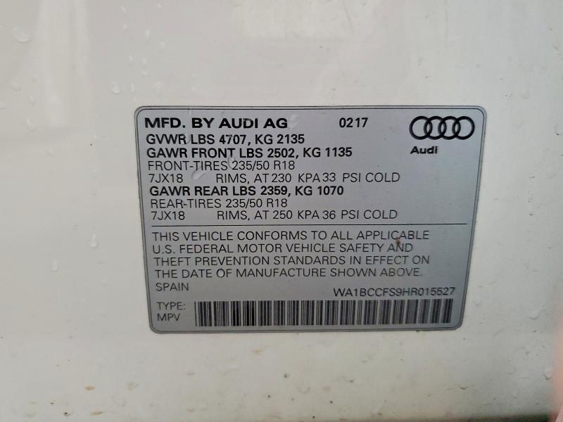 Продажа на аукционе авто 2017 Audi Q3, vin: WA1BCCFS9HR015527, номер лота: 59655946