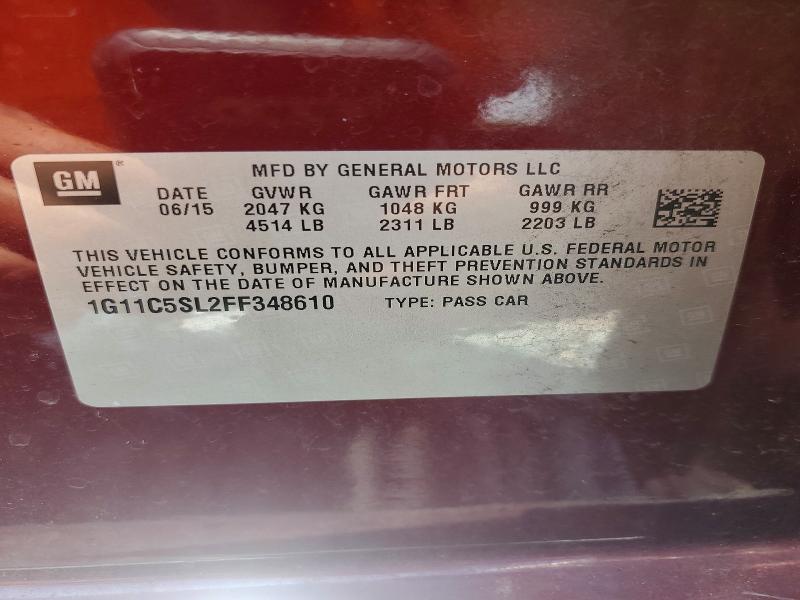 2015 Chevrolet Malibu მანქანა იყიდება აუქციონზე, vin: 1G11C5SL2FF348610, აუქციონის ნომერი: 62614816