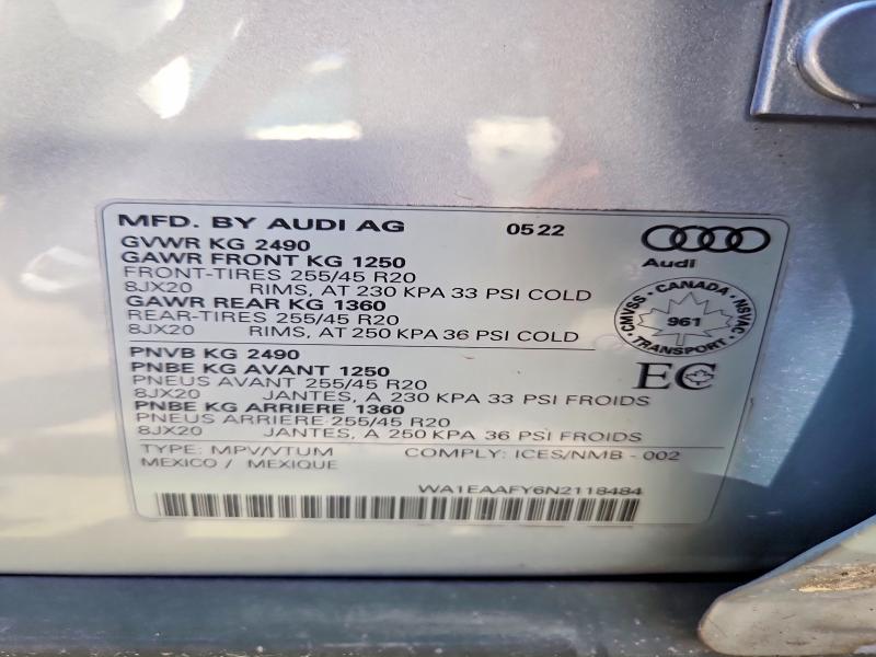 60766586 :رقم المزاد ، WA1EAAFY6N2118484 vin ، 2022 Audi Q5 مزاد بيع