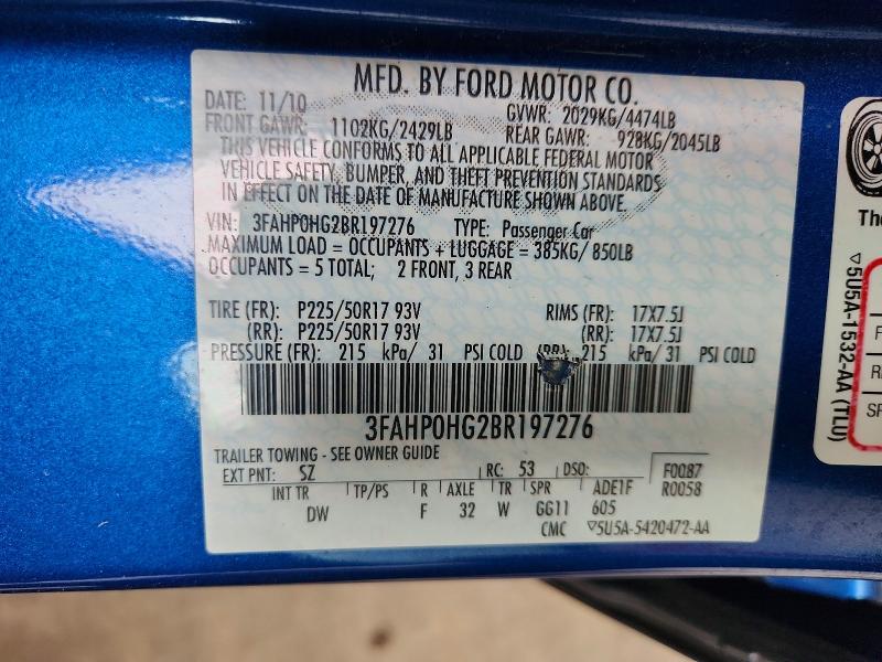 2011 Ford Fusion მანქანა იყიდება აუქციონზე, vin: 3FAHP0HG2BR197276, აუქციონის ნომერი: 60504116
