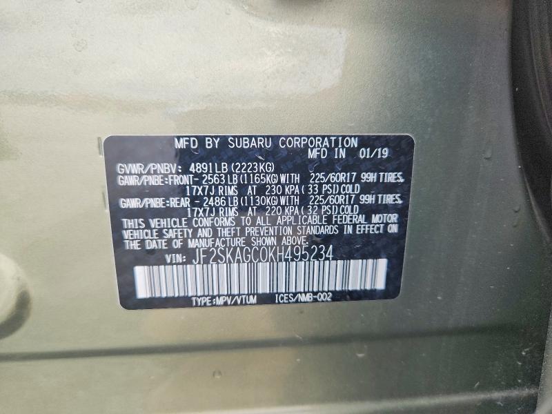Aukcja sprzedaży 2019 Subaru Forester, vin: JF2SKAGC0KH495234, numer aukcji: 62091566