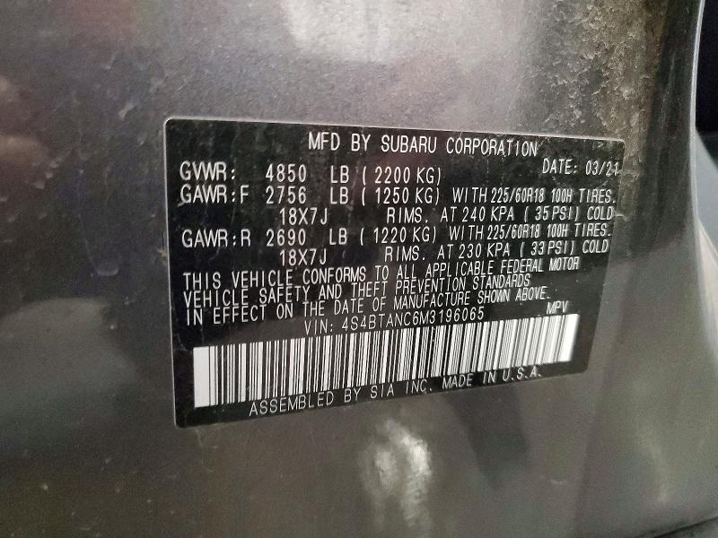 59253456 :رقم المزاد ، 4S4BTANC6M3196065 vin ، 2021 Subaru Outback مزاد بيع