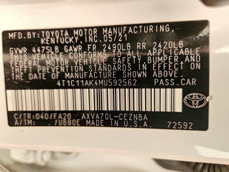Продажа на аукционе авто 2021 Toyota Camry, vin: 4T1C11AK4MU592562, номер лота: 61327156