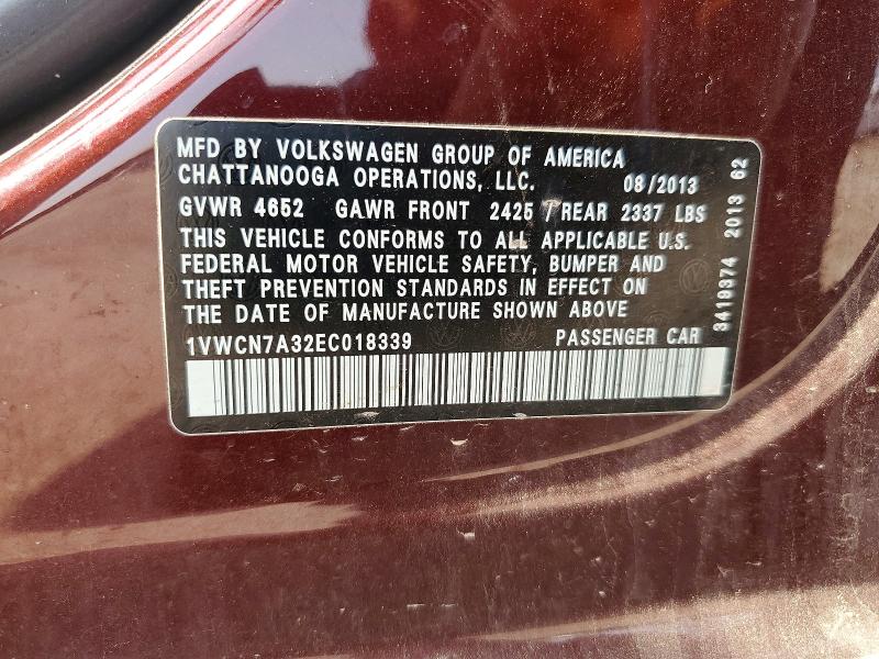 Aukcja sprzedaży 2014 Volkswagen Passat, vin: 1VWCN7A32EC018339, numer aukcji: 61158126