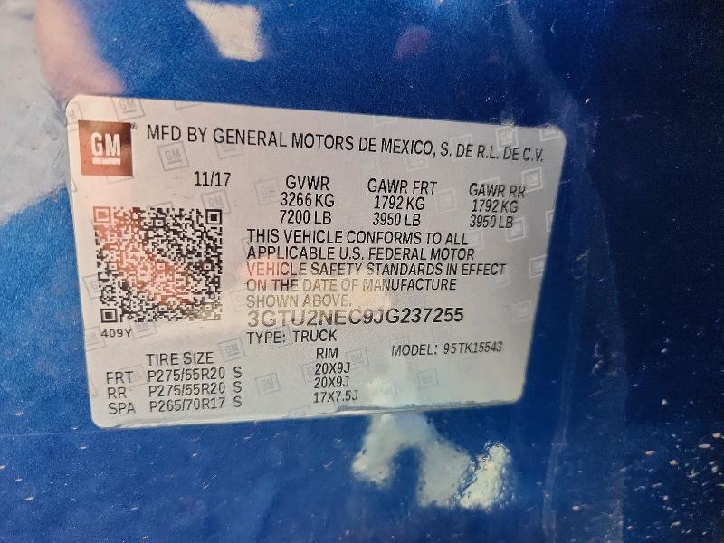 2018 Gmc Sierra მანქანა იყიდება აუქციონზე, vin: 3GTU2NEC9JG237255, აუქციონის ნომერი: 60311476