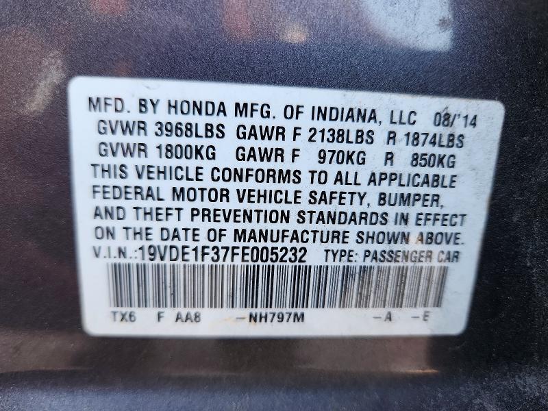 63130276 :رقم المزاد ، 19VDE1F37FE005232 vin ، 2015 Acura Ilx مزاد بيع