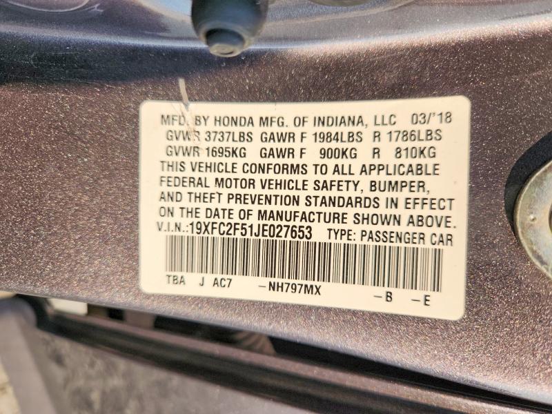 63006496 :رقم المزاد ، 19XFC2F51JE027653 vin ، 2018 Honda Civic مزاد بيع