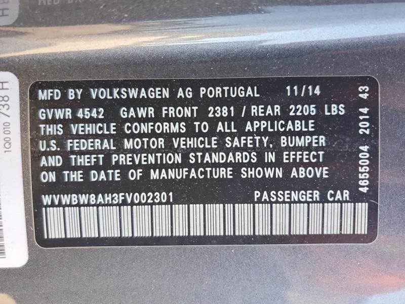 2015 Volkswagen Eos მანქანა იყიდება აუქციონზე, vin: WVWBW8AH3FV002301, აუქციონის ნომერი: 62464606