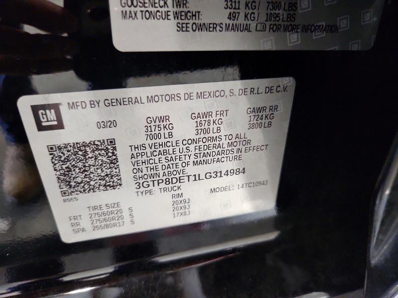 61408366 :رقم المزاد ، 3GTP8DET1LG314984 vin ، 2020 Gmc Sierra مزاد بيع