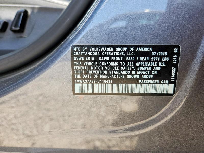 60494636 :رقم المزاد ، 1VWAS7A32FC116434 vin ، 2015 Volkswagen Passat مزاد بيع