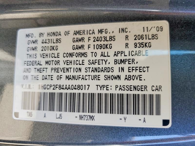 Auction sale of the 2010 Honda Accord, vin: 1HGCP2F84AA048017, lot number: 61979666
