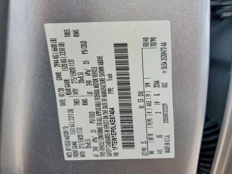 2020 Ford F150 მანქანა იყიდება აუქციონზე, vin: 1FTEW1EP0LKE87404, აუქციონის ნომერი: 61298446