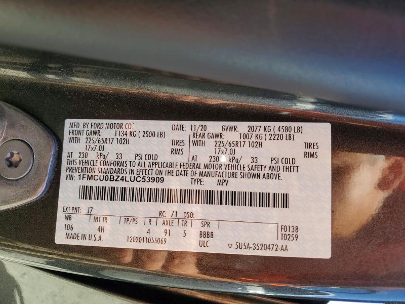 2020 Ford Escape მანქანა იყიდება აუქციონზე, vin: 1FMCU0BZ4LUC53909, აუქციონის ნომერი: 59995436