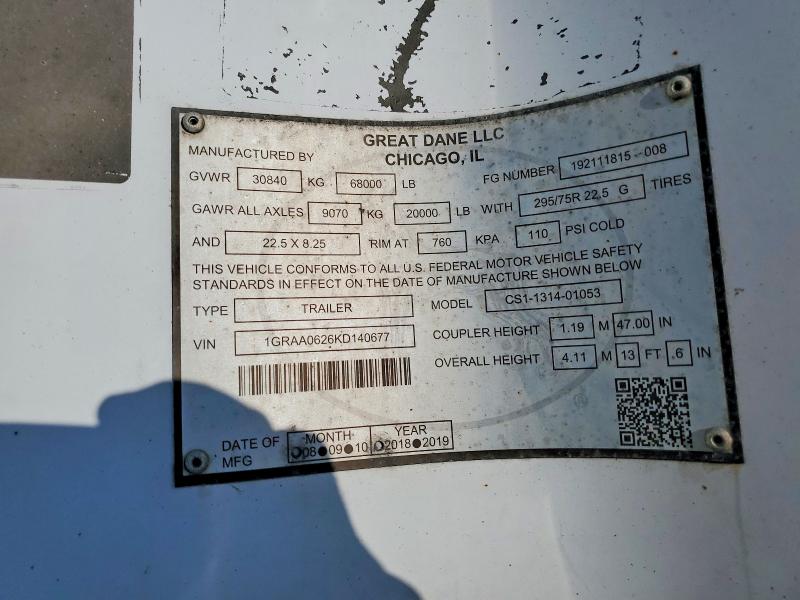 2019 Great Dane Trailers მანქანა იყიდება აუქციონზე, vin: 1GRAA0626KD140677, აუქციონის ნომერი: 62482856