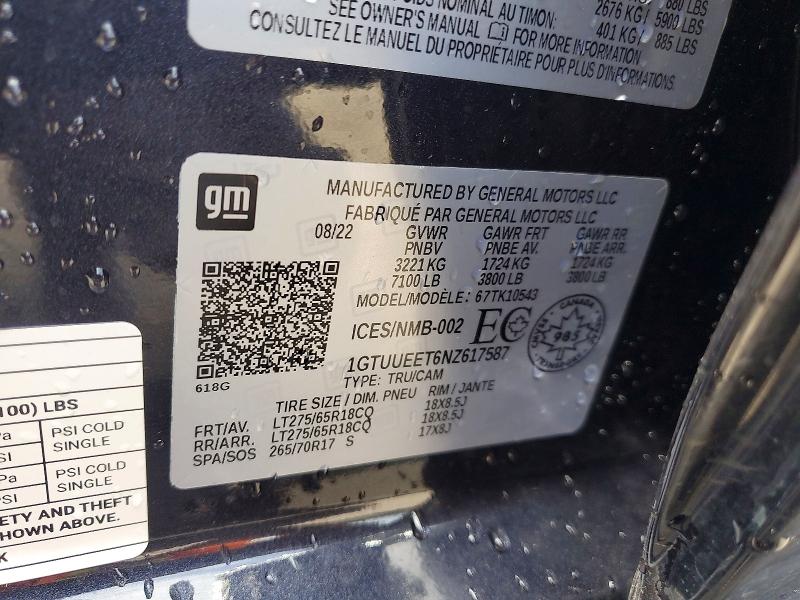 60654376 :رقم المزاد ، 1GTUUEET6NZ617587 vin ، 2022 Gmc Sierra مزاد بيع