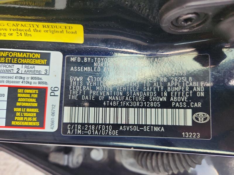 60046656 :رقم المزاد ، 4T4BF1FK3DR312805 vin ، 2013 Toyota Camry مزاد بيع