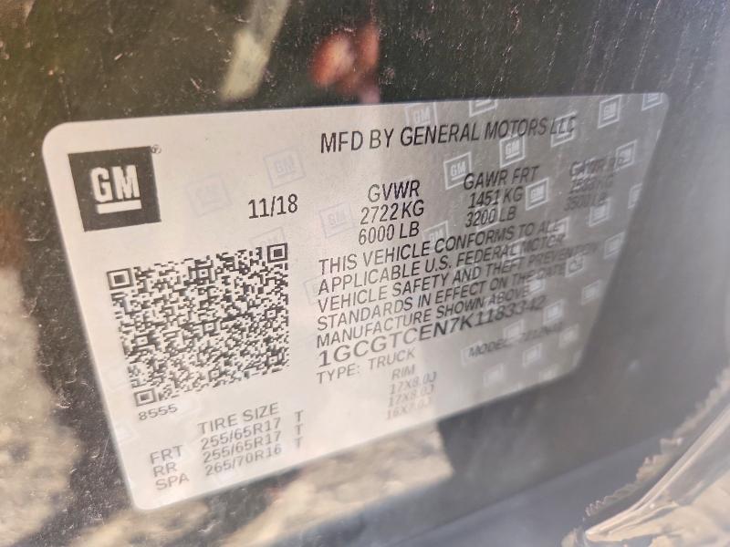 2019 Chevrolet Colorado მანქანა იყიდება აუქციონზე, vin: 1GCGTCEN7K1183342, აუქციონის ნომერი: 59281426