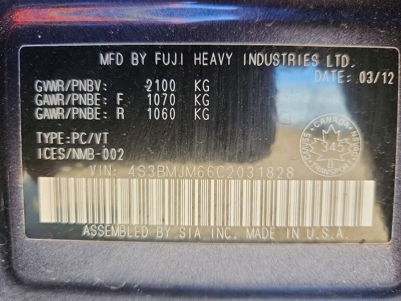 Aukcja sprzedaży 2012 Subaru Legacy, vin: 4S3BMJM66C2031828, numer aukcji: 62356886