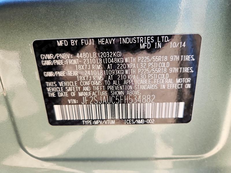 2015 Subaru Forester მანქანა იყიდება აუქციონზე, vin: JF2SJAUC5FH534882, აუქციონის ნომერი: 61323216