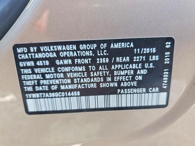 Продаж на аукціоні авто 2016 Volkswagen Passat, vin: 1VWBT7A36GC014458, номер лоту: 61640646
