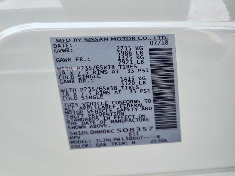 60853726 :رقم المزاد ، 5N1DL0MM0KC508357 vin ، 2019 Infiniti Qx60 مزاد بيع