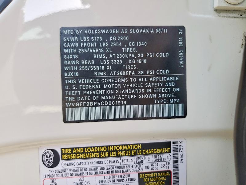 Aukcja sprzedaży 2012 Volkswagen Touareg, vin: WVGFF9BP5CD001919, numer aukcji: 60979426