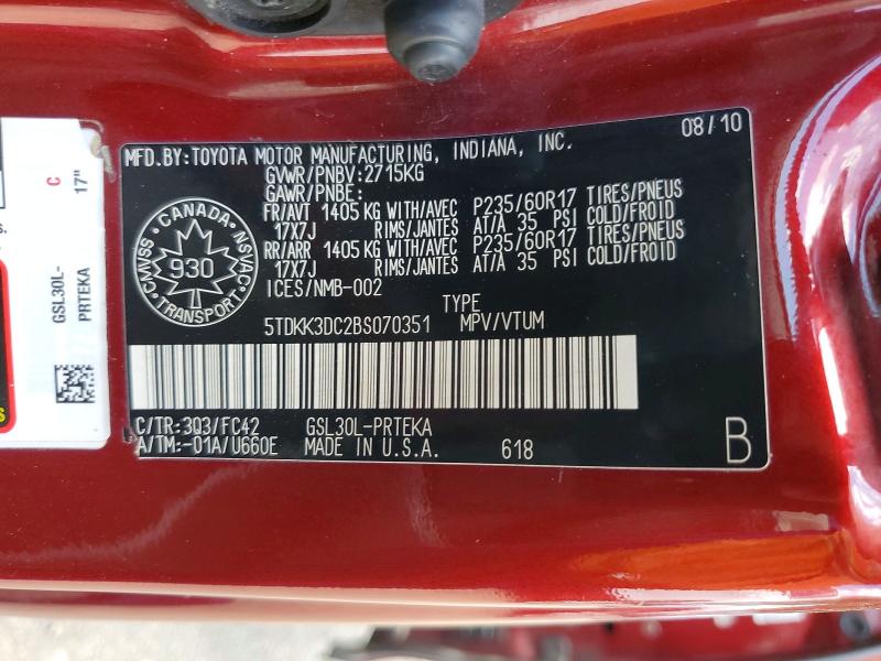 61852916 :رقم المزاد ، 5TDKK3DC2BS070351 vin ، 2011 Toyota Sienna مزاد بيع