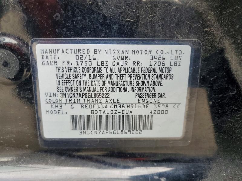 60788846 :رقم المزاد ، 3N1CN7AP6GL869222 vin ، 2016 Nissan Versa مزاد بيع
