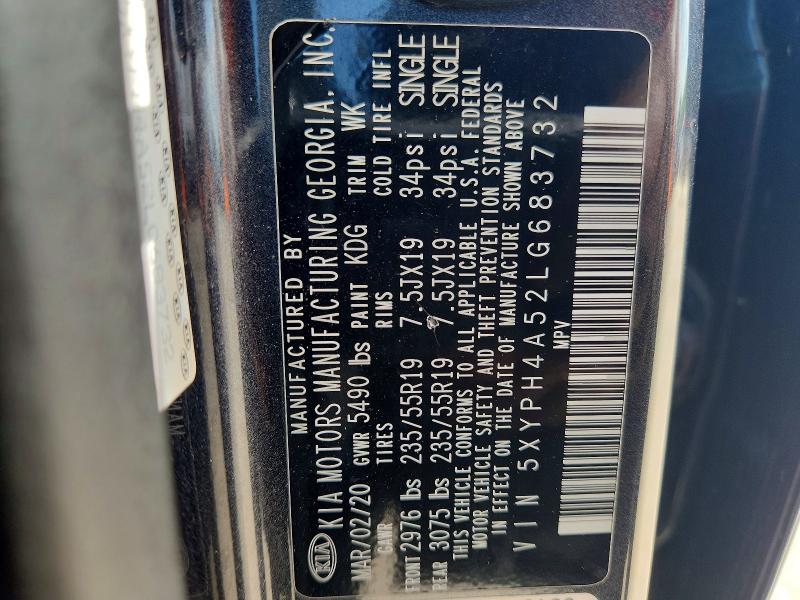 61044796 :رقم المزاد ، 5XYPH4A52LG683732 vin ، 2020 Kia Sorento مزاد بيع