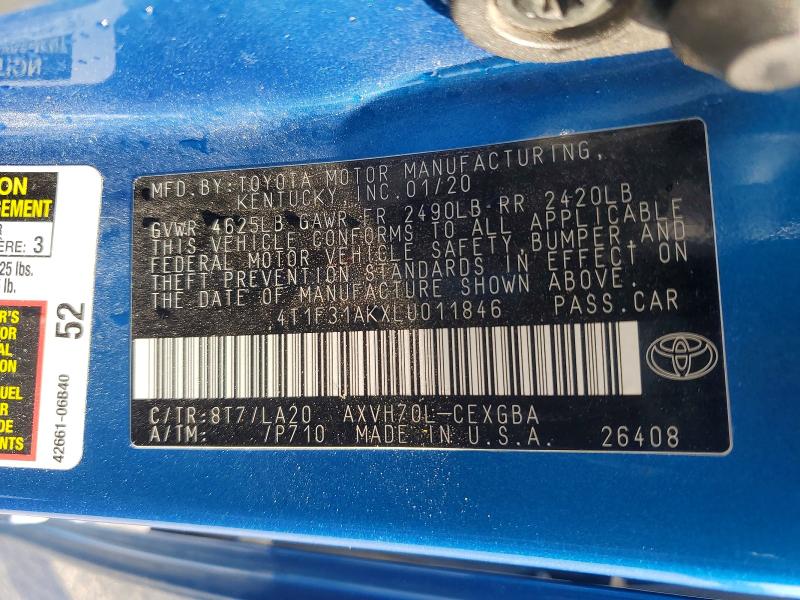 Aukcja sprzedaży 2020 Toyota Camry, vin: 4T1F31AKXLU011846, numer aukcji: 61888346