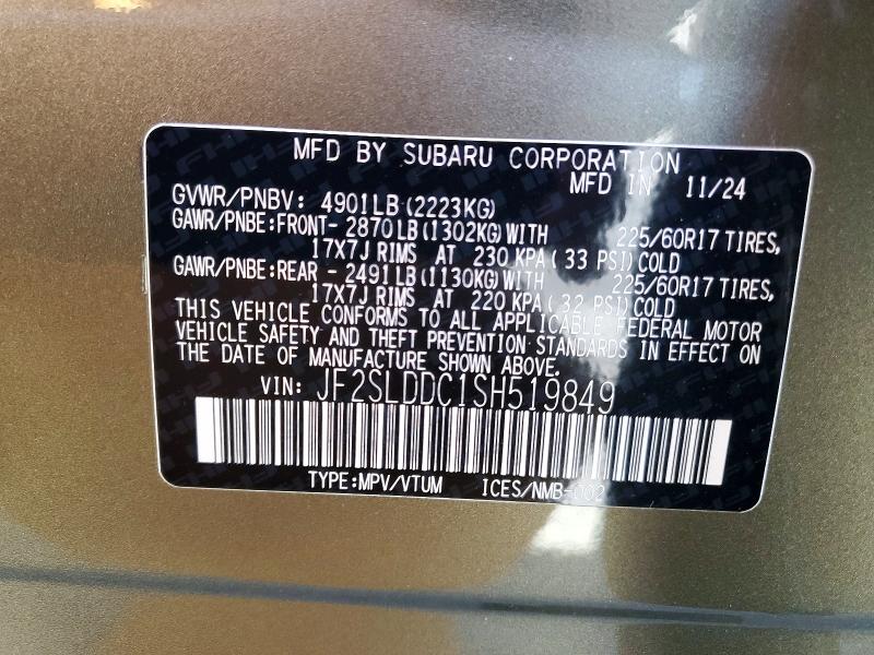 2025 Subaru Forester მანქანა იყიდება აუქციონზე, vin: JF2SLDDC1SH519849, აუქციონის ნომერი: 60691556