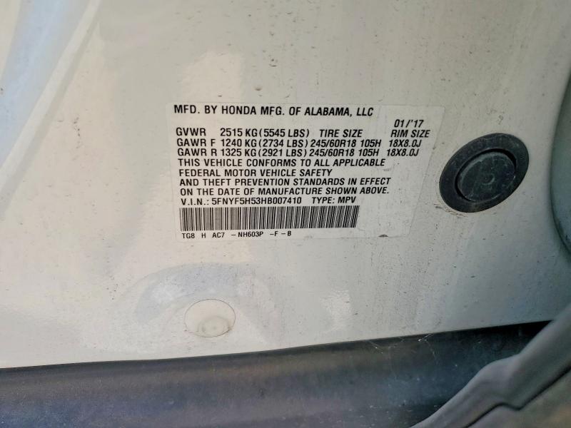 Aukcja sprzedaży 2017 Honda Pilot, vin: 5FNYF5H53HB007410, numer aukcji: 61359776