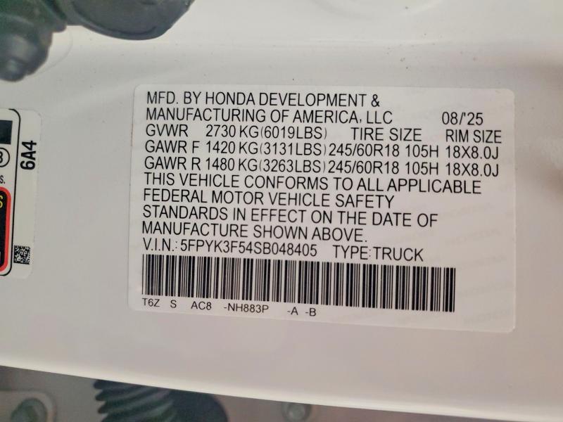 2025 Honda Ridgeline მანქანა იყიდება აუქციონზე, vin: 5FPYK3F54SB048405, აუქციონის ნომერი: 59367676