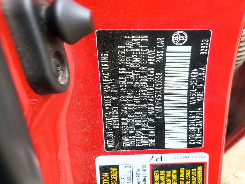 Auction sale of the 2012 Toyota Camry Hybrid, vin: 4T1BD1FK5CU010558, lot number: 74513875