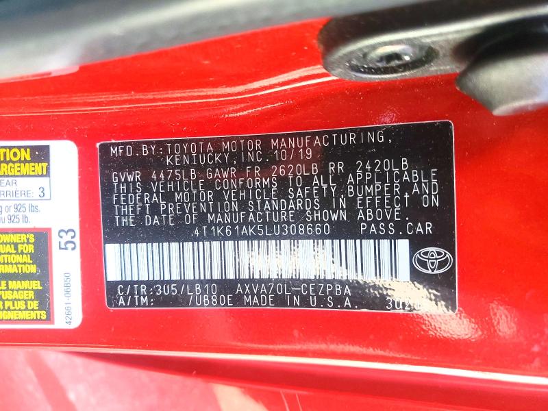 62689776 :رقم المزاد ، 4T1K61AK5LU308660 vin ، 2020 Toyota Camry مزاد بيع