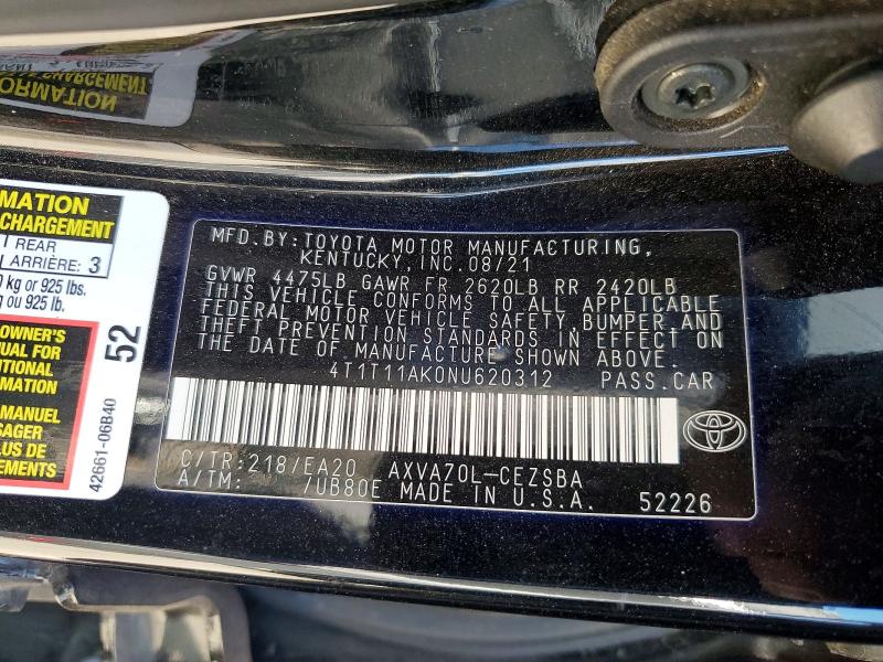 2022 Toyota Camry მანქანა იყიდება აუქციონზე, vin: 4T1T11AK0NU620312, აუქციონის ნომერი: 61166866