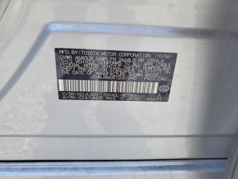 Aukcja sprzedaży 2007 Lexus Es, vin: JTHBJ46G872061840, numer aukcji: 62353386