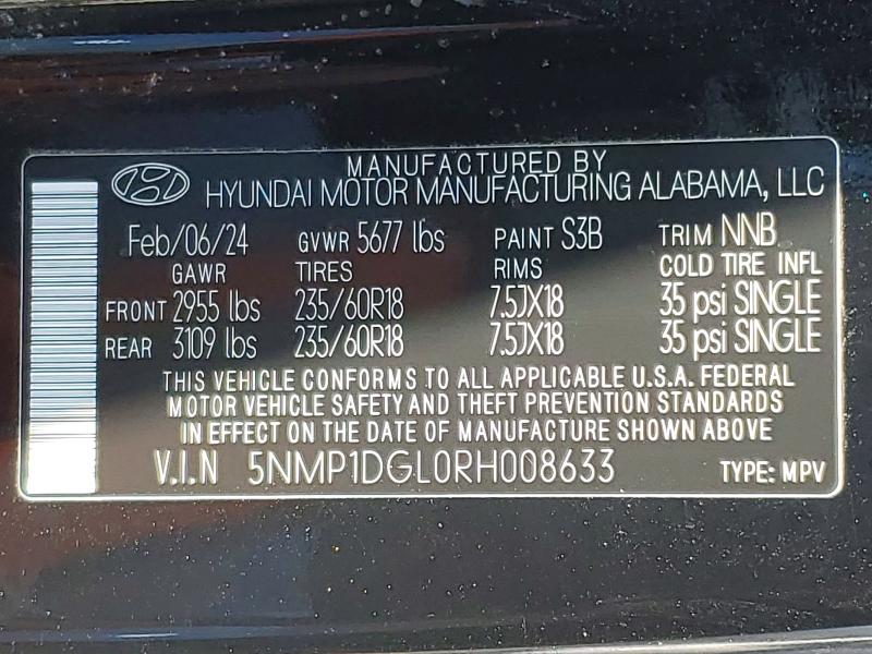 Продажа на аукционе авто 2024 Hyundai Santa Fe, vin: 5NMP1DGL0RH008633, номер лота: 61004696