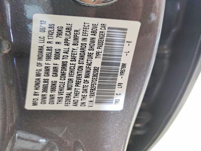 59548506 :رقم المزاد ، 19XFB2F57CE362082 vin ، 2012 Honda Civic مزاد بيع