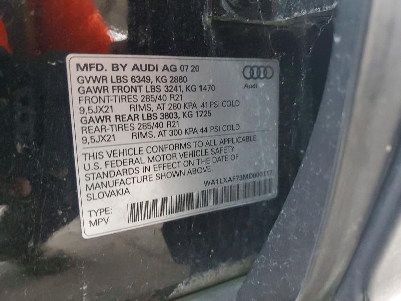 2021 Audi Q7 მანქანა იყიდება აუქციონზე, vin: WA1LXAF73MD000117, აუქციონის ნომერი: 60303236