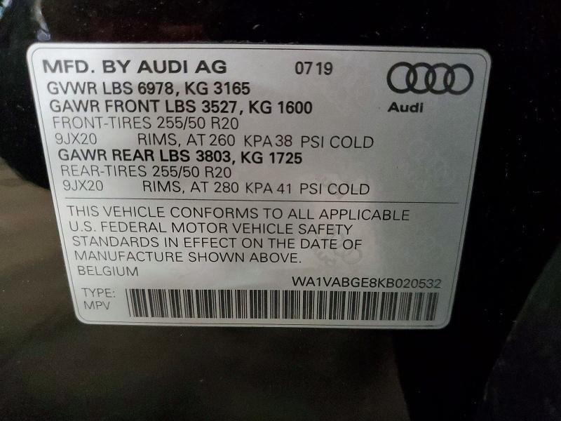 59961916 :رقم المزاد ، WA1VABGE8KB020532 vin ، 2019 Audi E-tron مزاد بيع