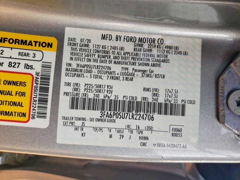 61402466 :رقم المزاد ، 3FA6P0SU7LR224706 vin ، 2020 Ford Fusion مزاد بيع