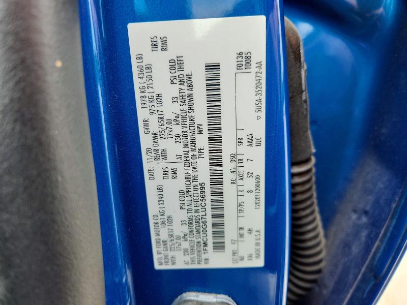 61852016 :رقم المزاد ، 1FMCU0G67LUC56995 vin ، 2020 Ford Escape مزاد بيع