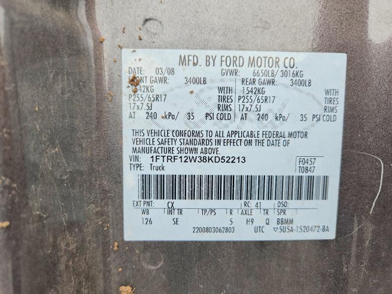 Aukcja sprzedaży 2008 Ford F150, vin: 1FTRF12W38KD52213, numer aukcji: 62521026