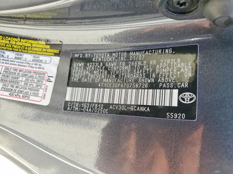 Продаж на аукціоні авто 2007 Toyota Camry Solara, vin: 4T1CE30P47U758726, номер лоту: 59013486
