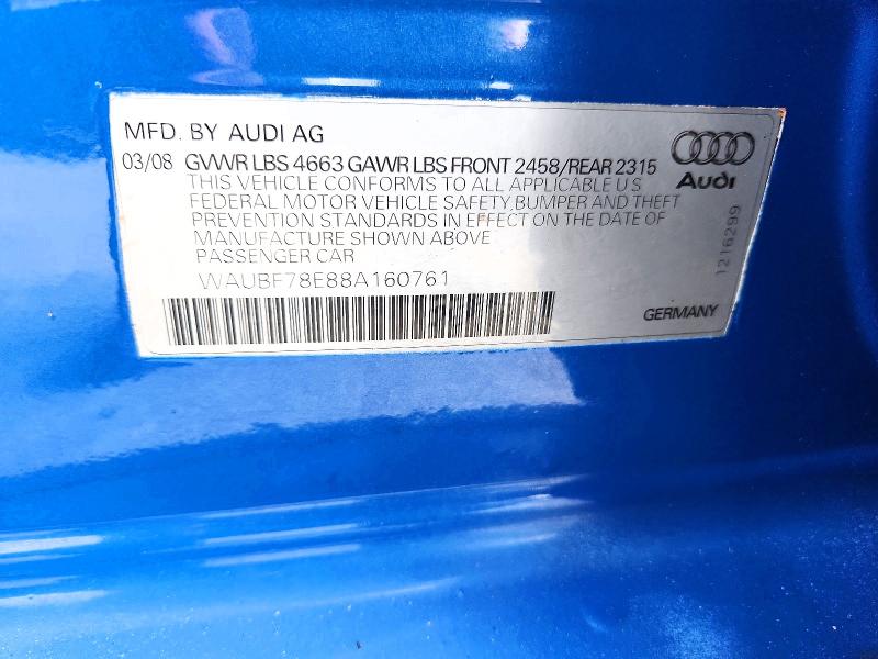 Продаж на аукціоні авто 2008 Audi A4, vin: WAUBF78E88A160761, номер лоту: 60784896